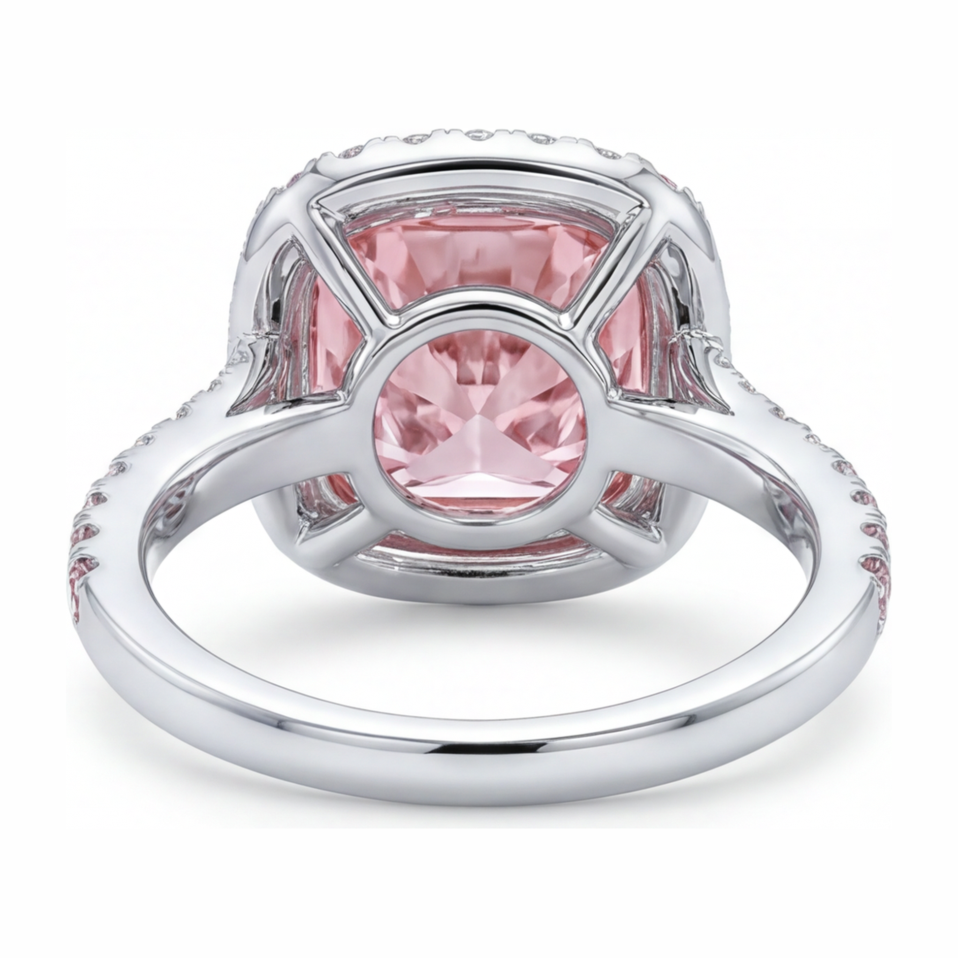 6 Carat Cushion Pink Lab Grown Diamond and White Diamond Double Halo Ring 14K White Gold