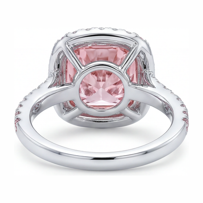6 Carat Cushion Pink Lab Grown Diamond and White Diamond Double Halo Ring 14K White Gold