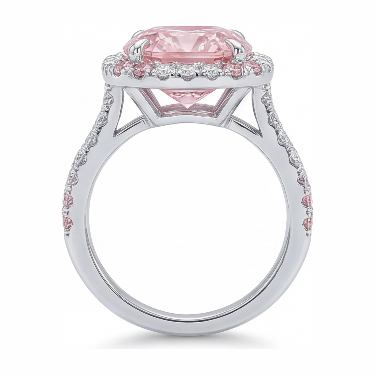 6 Carat Cushion Pink Lab Grown Diamond and White Diamond Double Halo Ring 14K White Gold
