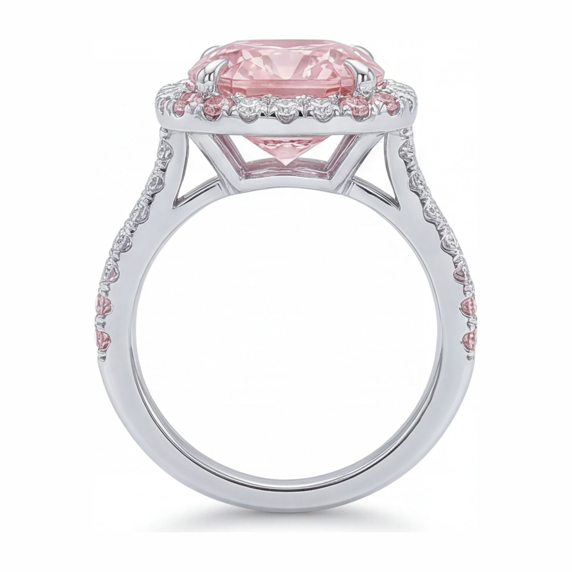 6 Carat Cushion Pink Lab Grown Diamond and White Diamond Double Halo Ring 14K White Gold