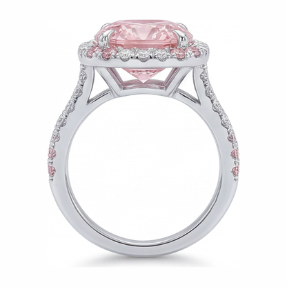 6 Carat Cushion Pink Lab Grown Diamond and White Diamond Double Halo Ring 14K White Gold