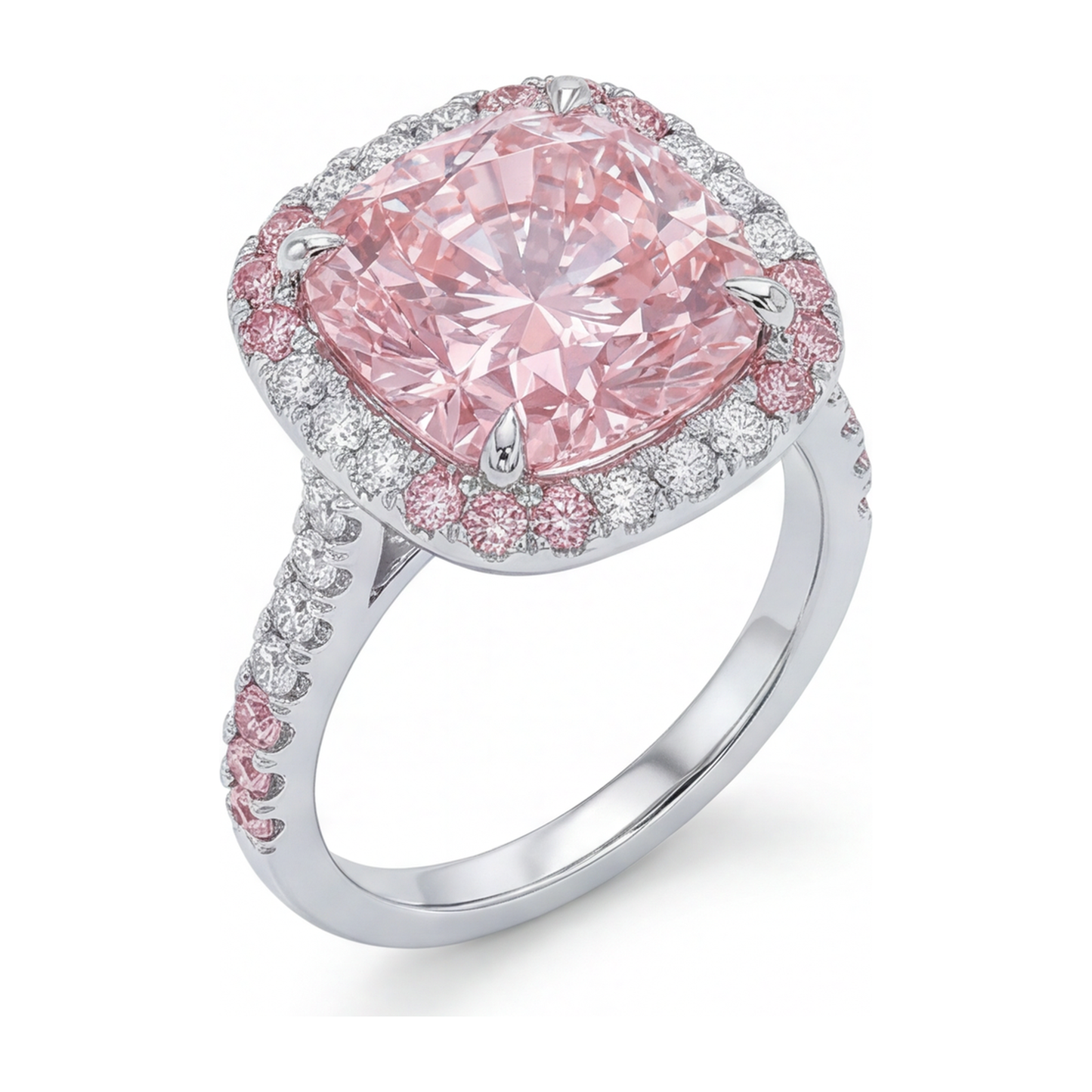 6 Carat Cushion Pink Lab Grown Diamond and White Diamond Double Halo Ring 14K White Gold