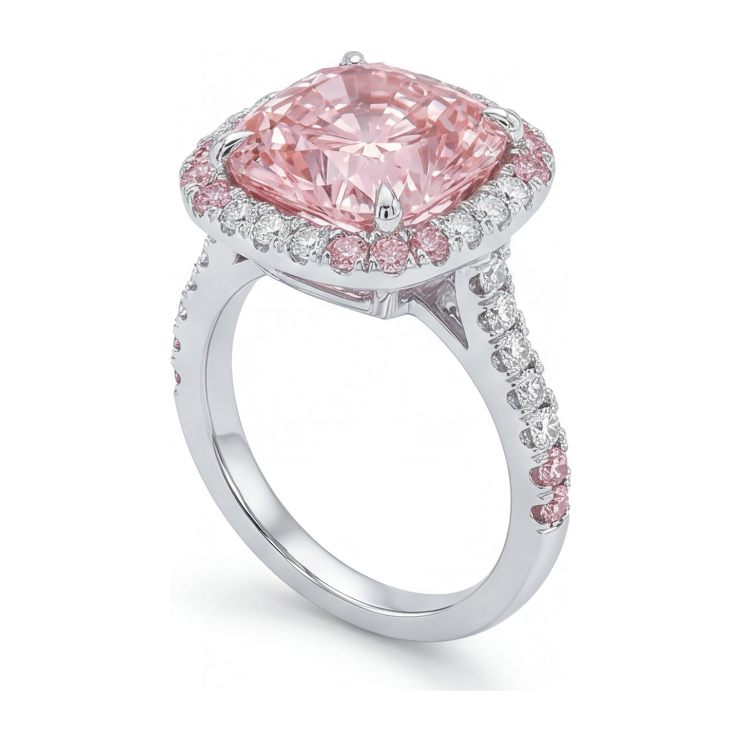 6 Carat Cushion Pink Lab Grown Diamond and White Diamond Double Halo Ring 14K White Gold