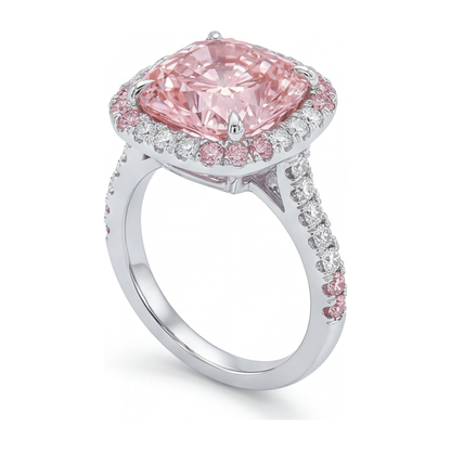 6 Carat Cushion Pink Lab Grown Diamond and White Diamond Double Halo Ring 14K White Gold