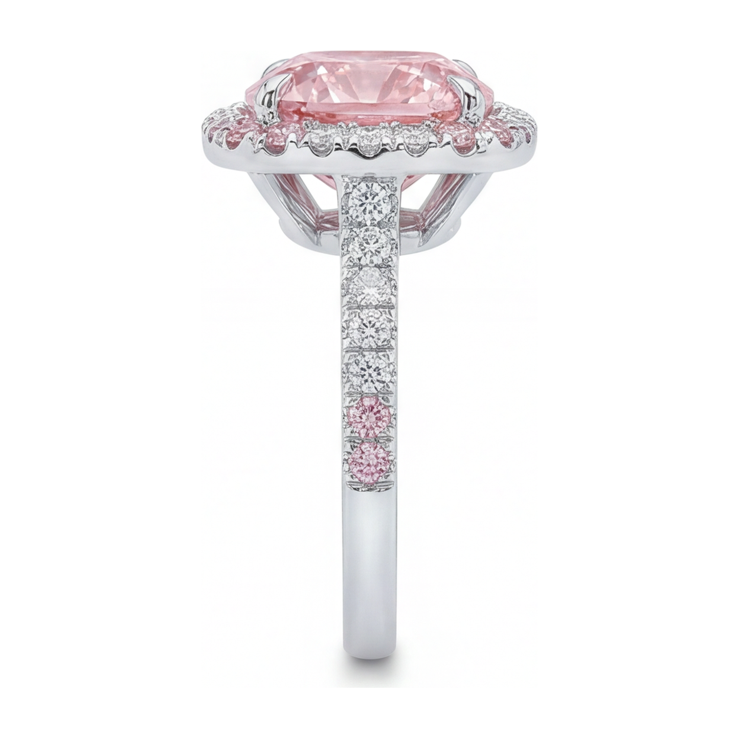 6 Carat Cushion Pink Lab Grown Diamond and White Diamond Double Halo Ring 14K White Gold