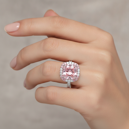 6 Carat Cushion Pink Lab Grown Diamond and White Diamond Double Halo Ring 14K White Gold worn