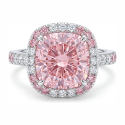 6 Carat Cushion Pink Lab Grown Diamond and White Diamond Double Halo Ring 14K White Gold