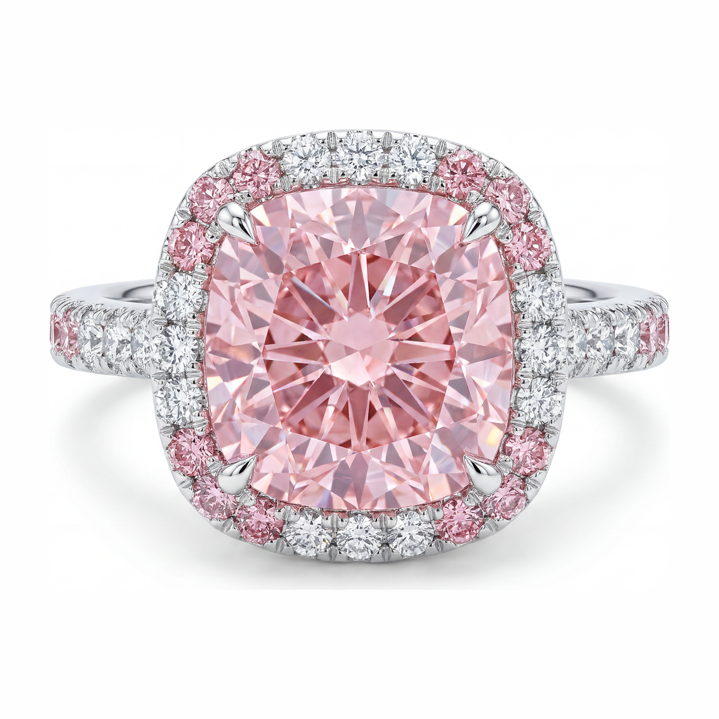 6 Carat Cushion Pink Lab Grown Diamond and White Diamond Double Halo Ring 14K White Gold