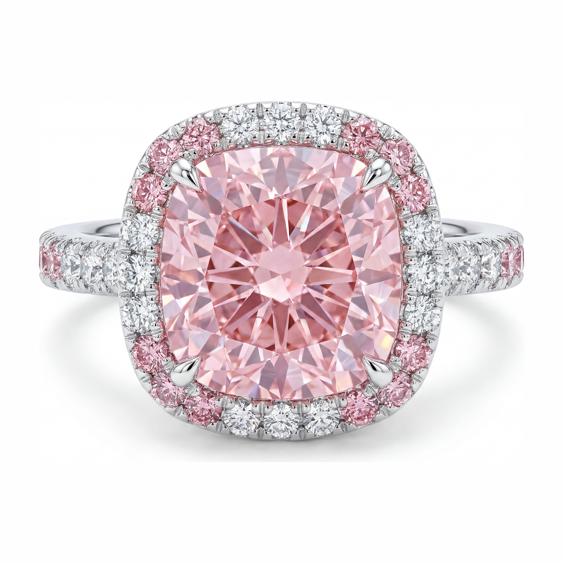 6 Carat Cushion Pink Lab Grown Diamond and White Diamond Double Halo Ring 14K White Gold