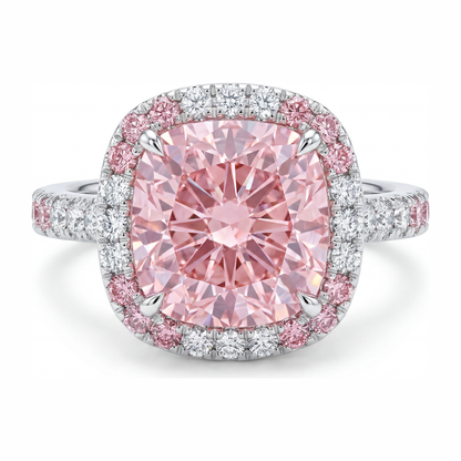 6 Carat Cushion Pink Lab Grown Diamond and White Diamond Double Halo Ring 14K White Gold