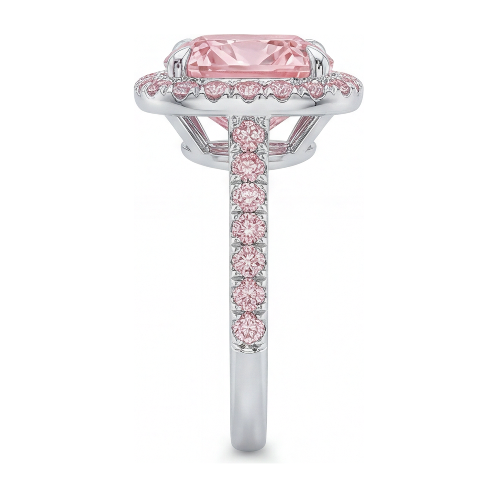 6 Carat Cushion Pink Lab Grown Diamond and White Diamond Halo Ring 14K White Gold
