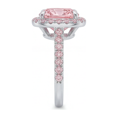 6 Carat Cushion Pink Lab Grown Diamond and White Diamond Halo Ring 14K White Gold