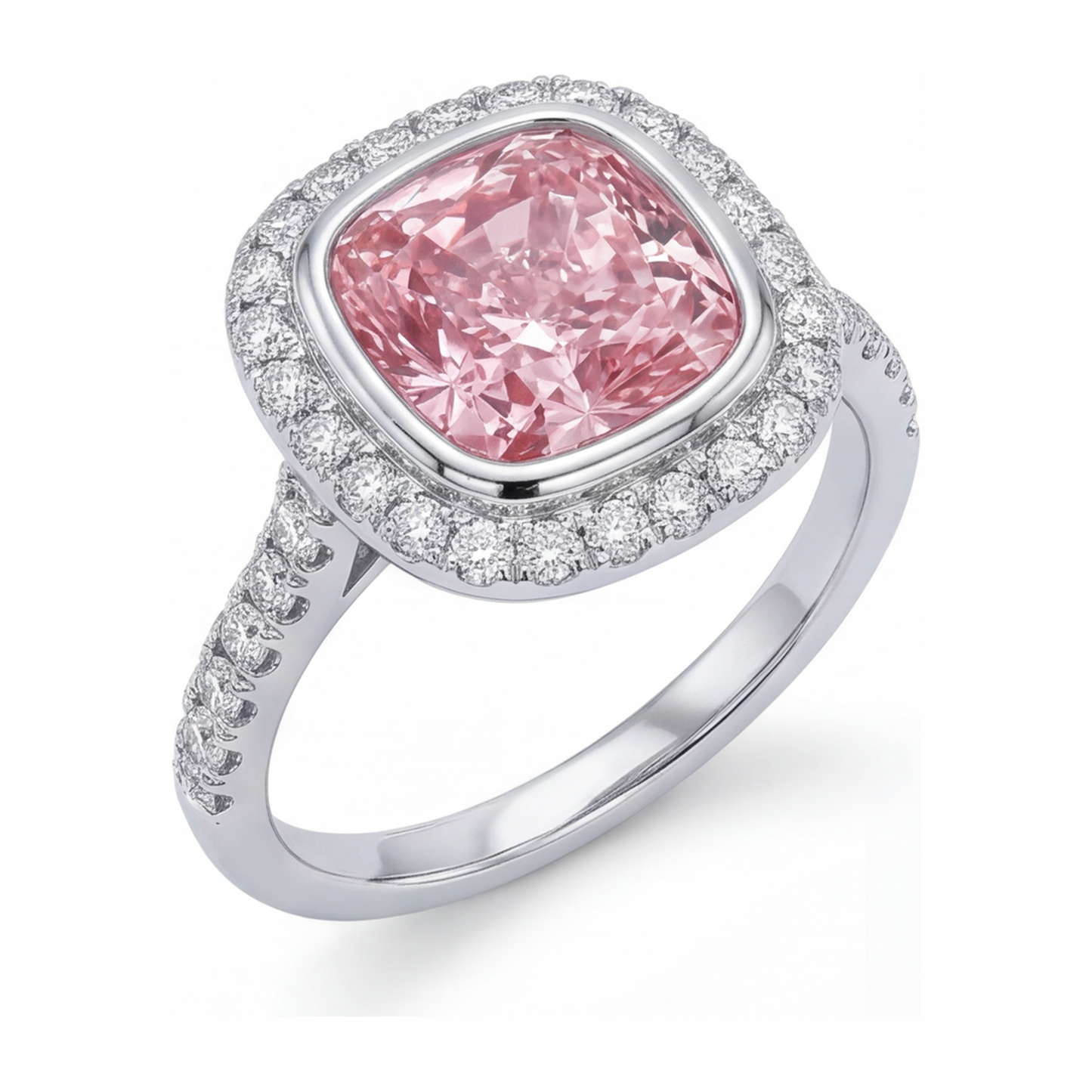6 Carat Cushion Pink Lab Grown Diamond and White Diamond Halo Ring 14K White Gold