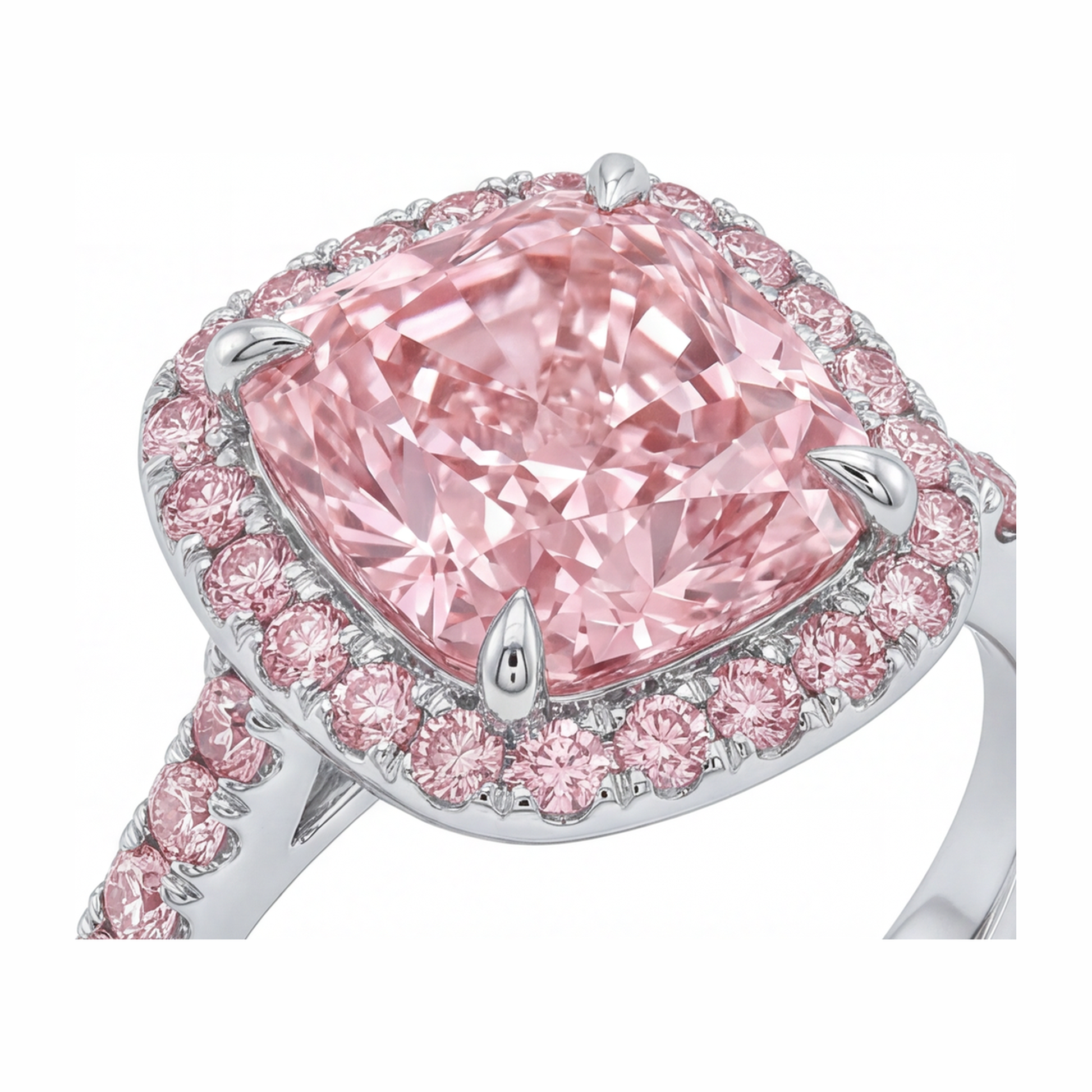 6 Carat Cushion Pink Lab Grown Diamond and White Diamond Halo Ring 14K White Gold