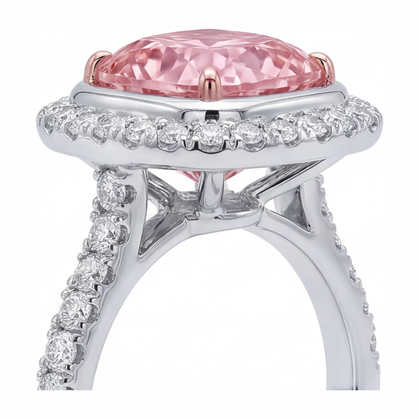 6 Carat Cushion Pink Lab Grown Diamond and White Diamond Halo Ring 14K White Gold