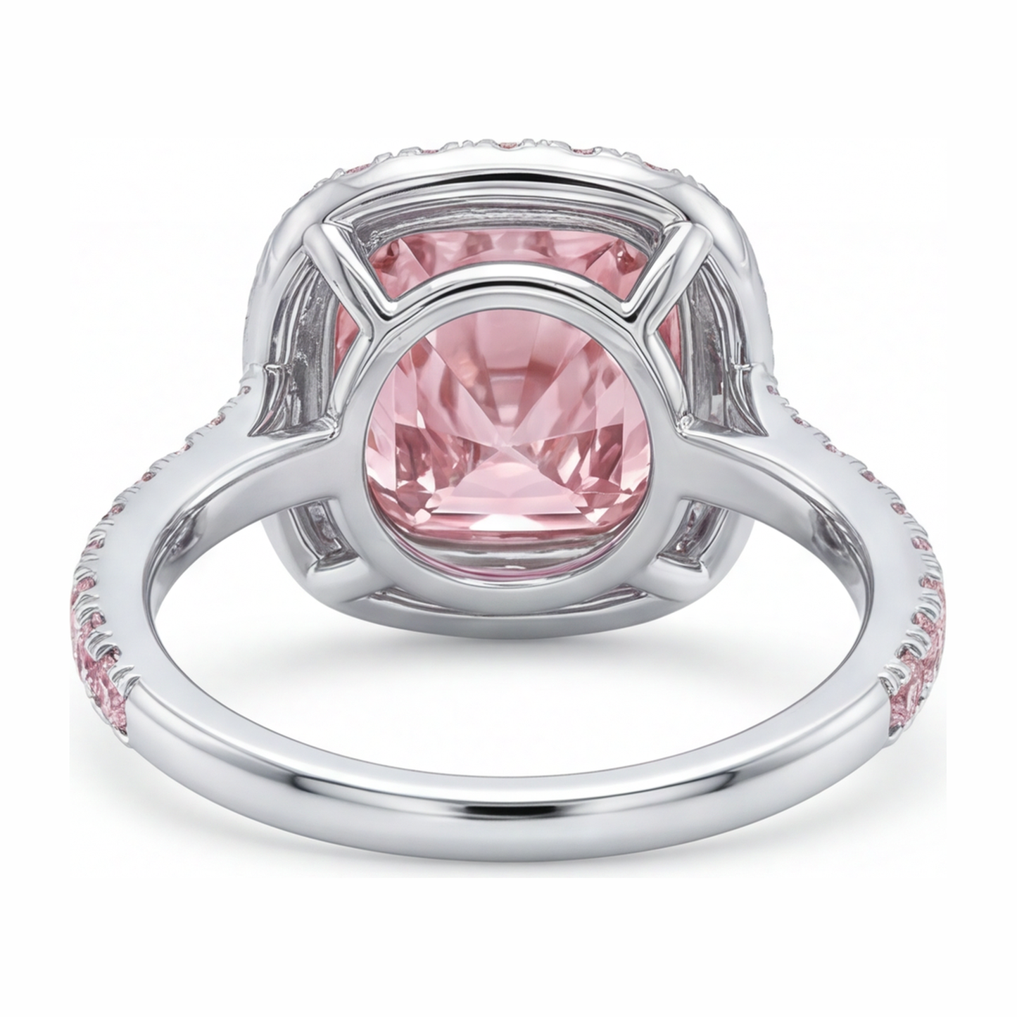6 Carat Cushion Pink Lab Grown Diamond and White Diamond Halo Ring 14K White Gold
