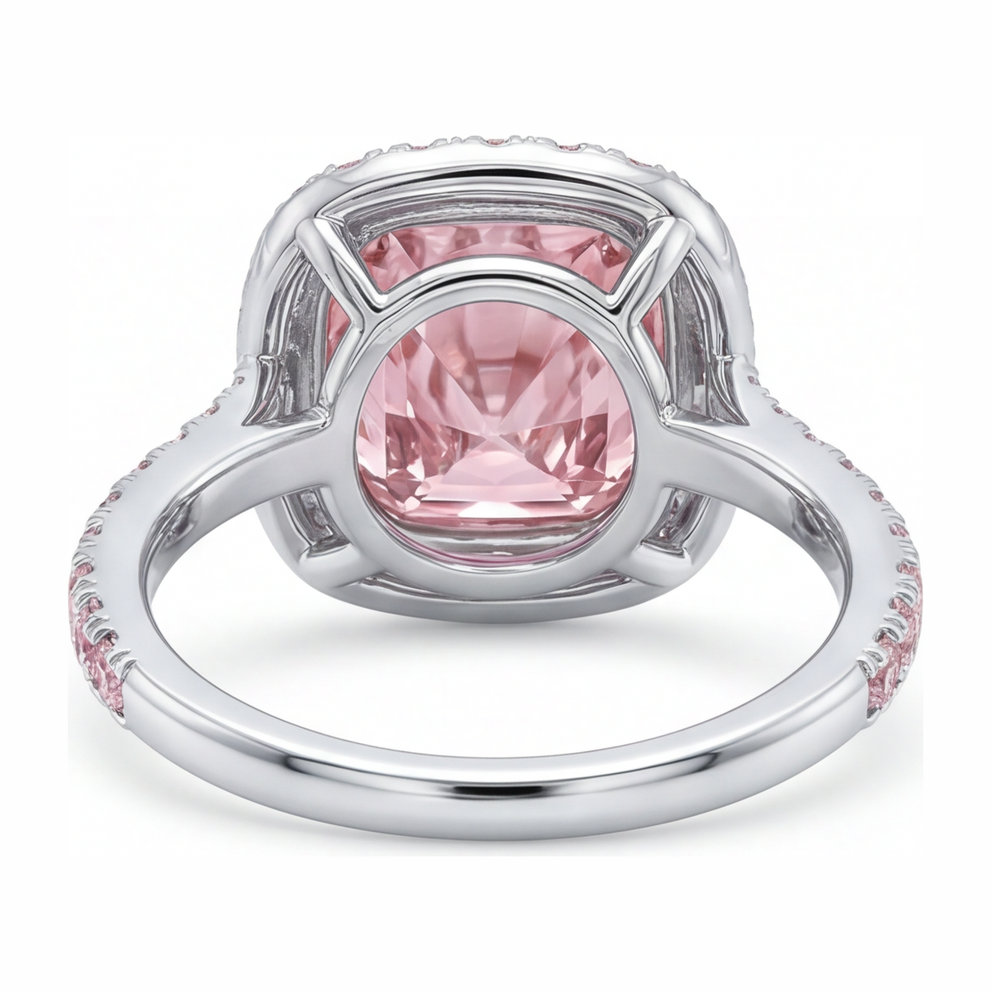 6 Carat Cushion Pink Lab Grown Diamond and White Diamond Halo Ring 14K White Gold