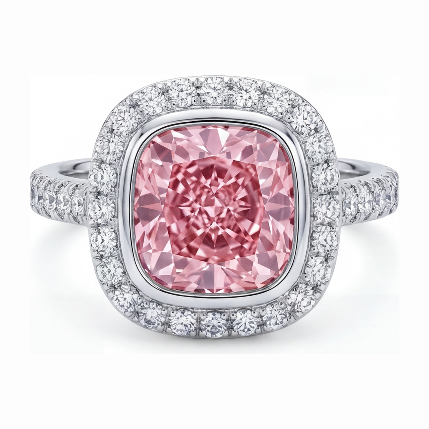 6 Carat Cushion Pink Lab Grown Diamond and White Diamond Halo Ring 14K White Gold