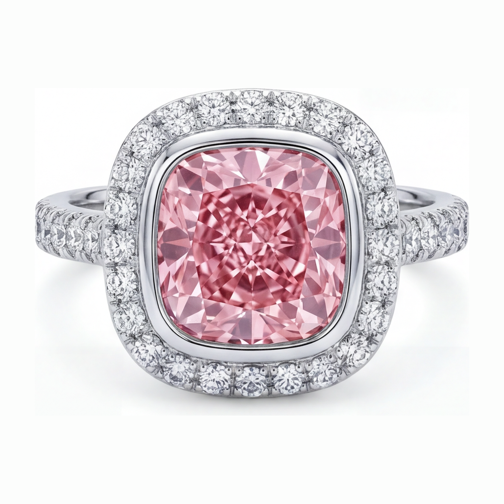 6 Carat Cushion Pink Lab Grown Diamond and White Diamond Halo Ring 14K White Gold