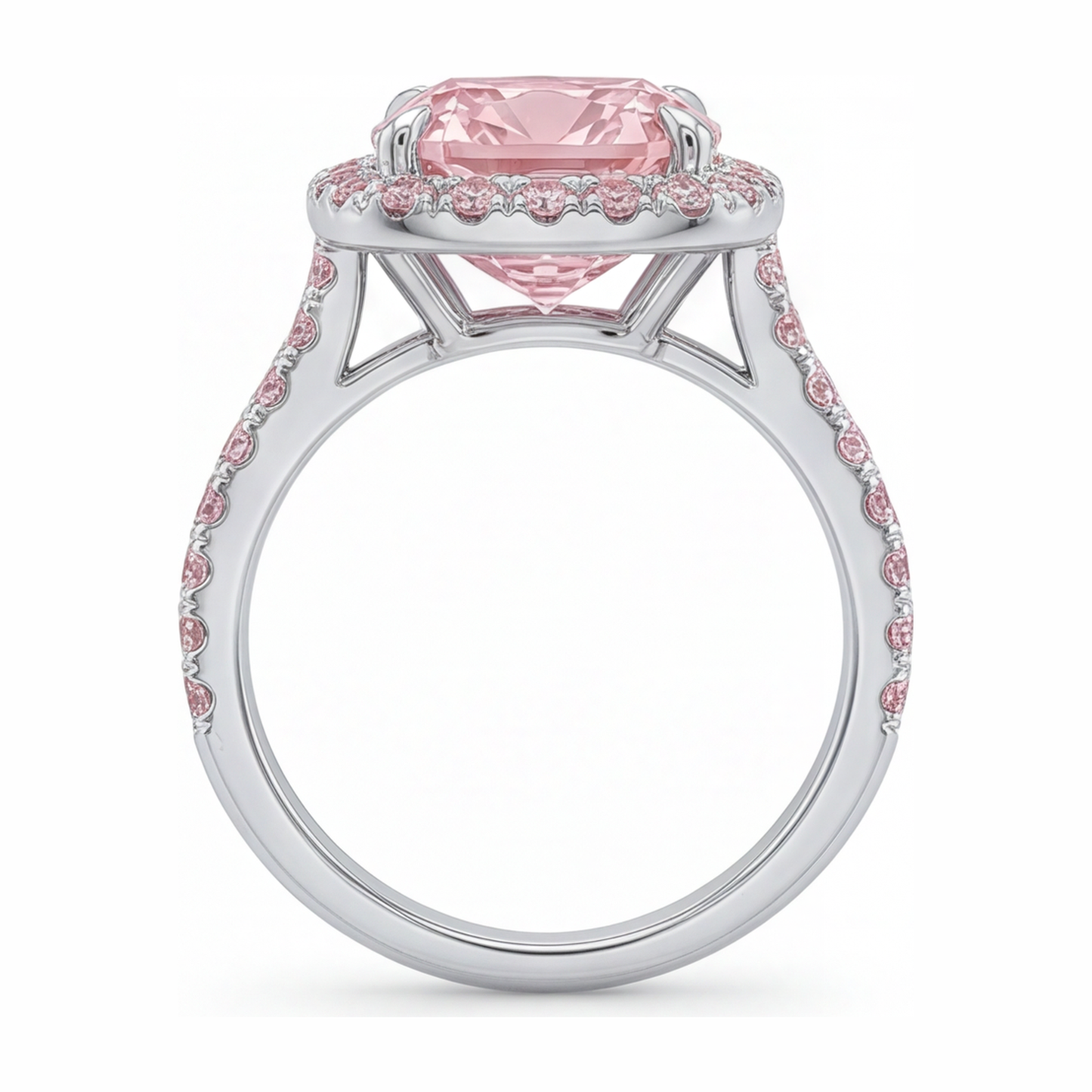 6 Carat Cushion Pink Lab Grown Diamond and White Diamond Halo Ring 14K White Gold