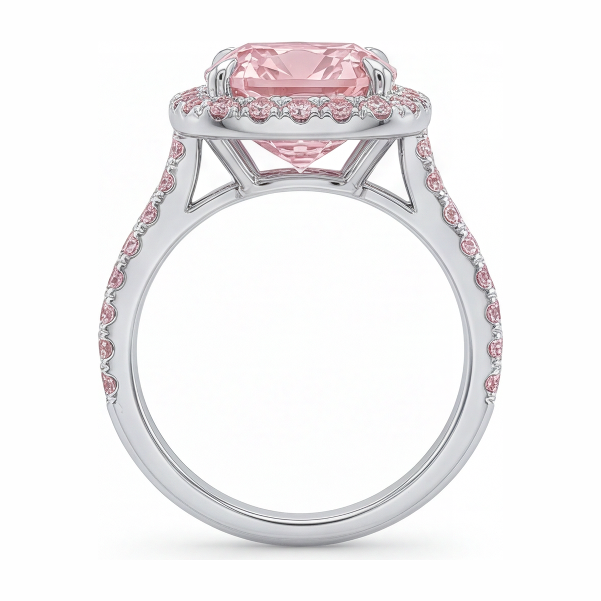 6 Carat Cushion Pink Lab Grown Diamond and White Diamond Halo Ring 14K White Gold