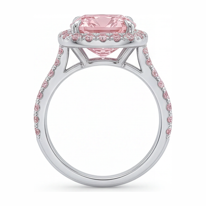 6 Carat Cushion Pink Lab Grown Diamond and White Diamond Halo Ring 14K White Gold