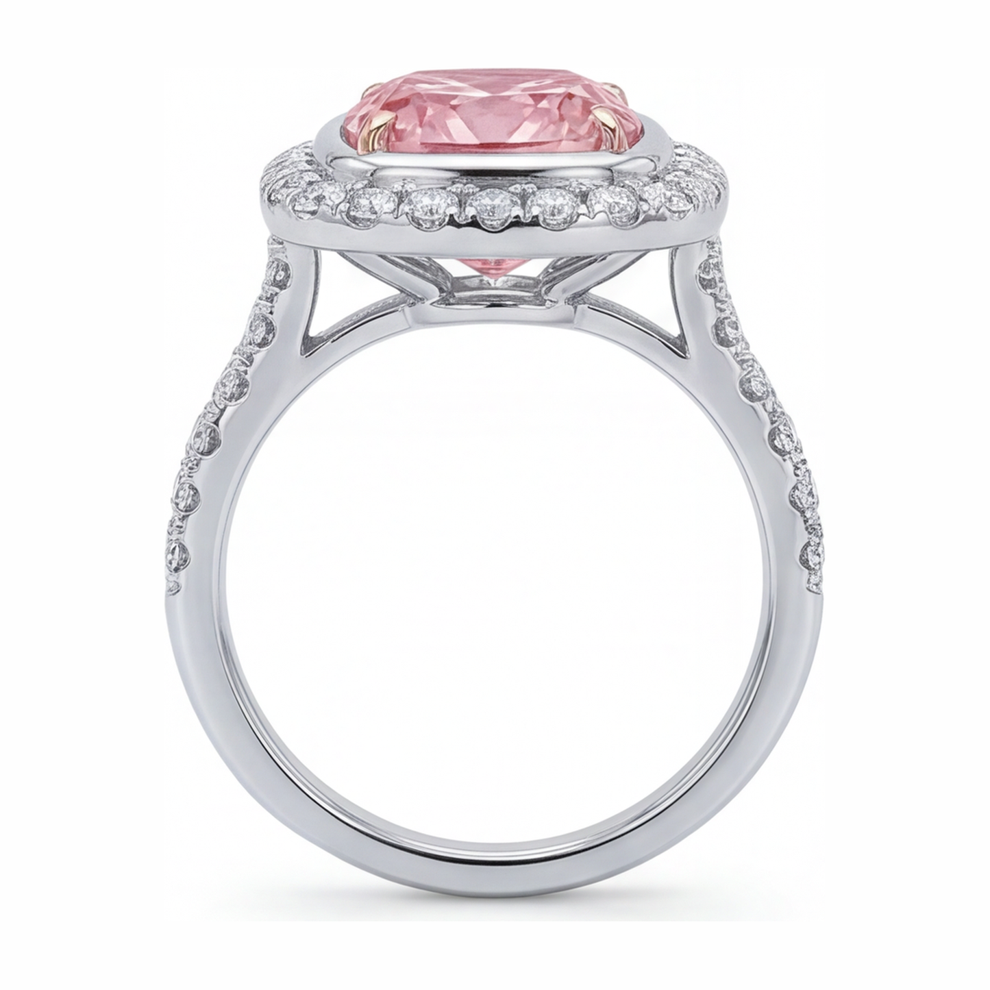 6 Carat Cushion Pink Lab Grown Diamond and White Diamond Halo Ring 14K White Gold