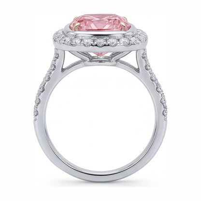 6 Carat Cushion Pink Lab Grown Diamond and White Diamond Halo Ring 14K White Gold