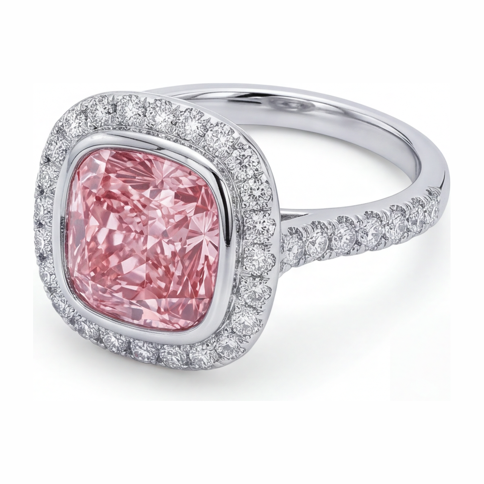 6 Carat Cushion Pink Lab Grown Diamond and White Diamond Halo Ring 14K White Gold