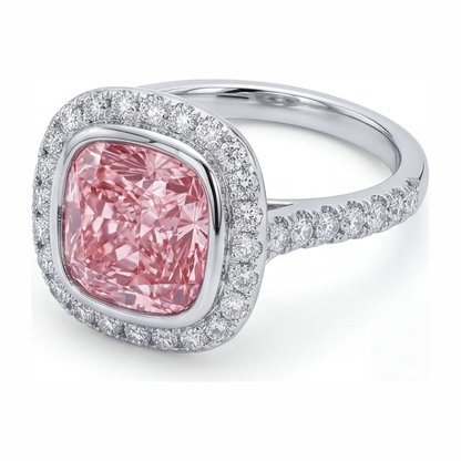 6 Carat Cushion Pink Lab Grown Diamond and White Diamond Halo Ring 14K White Gold
