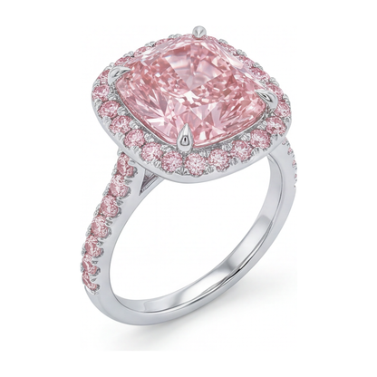 6 Carat Cushion Pink Lab Grown Diamond and White Diamond Halo Ring 14K White Gold