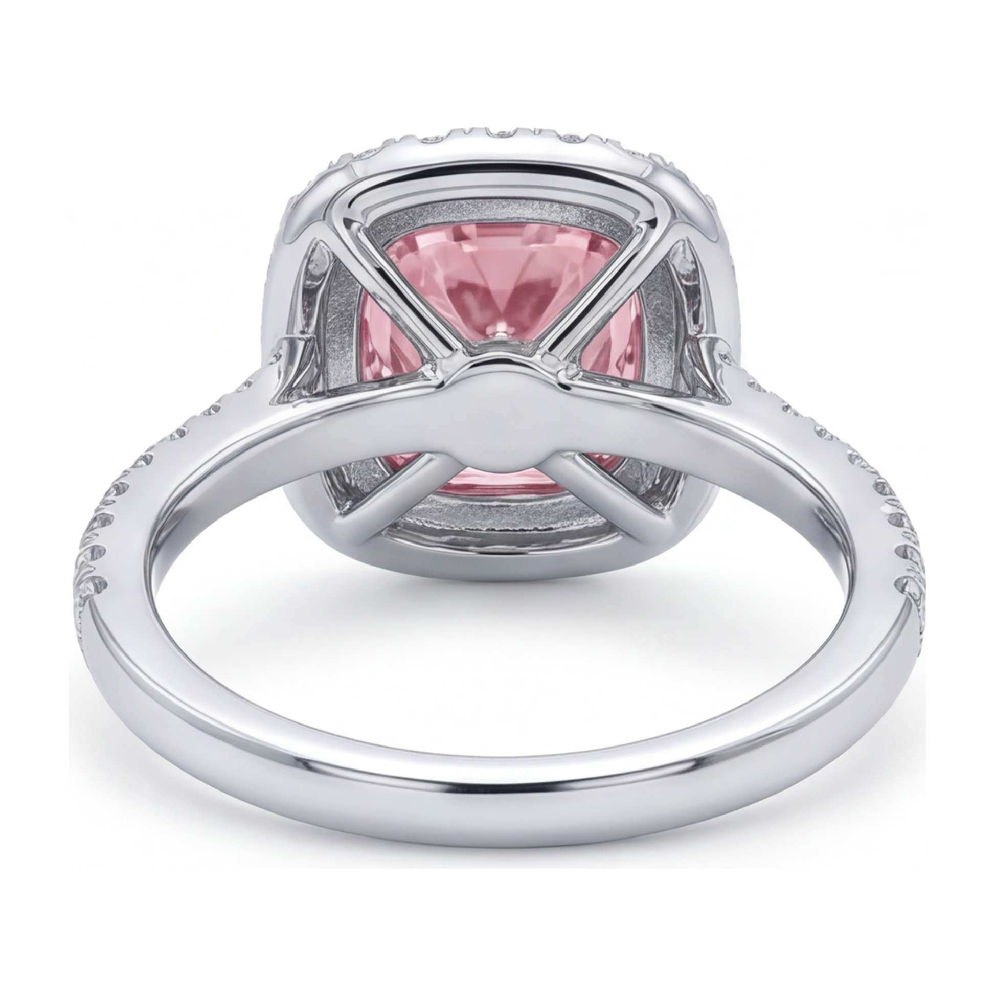 6 Carat Cushion Pink Lab Grown Diamond and White Diamond Halo Ring 14K White Gold
