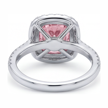 6 Carat Cushion Pink Lab Grown Diamond and White Diamond Halo Ring 14K White Gold