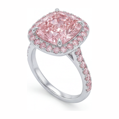 6 Carat Cushion Pink Lab Grown Diamond and White Diamond Halo Ring 14K White Gold
