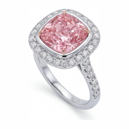 6 Carat Cushion Pink Lab Grown Diamond and White Diamond Halo Ring 14K White Gold
