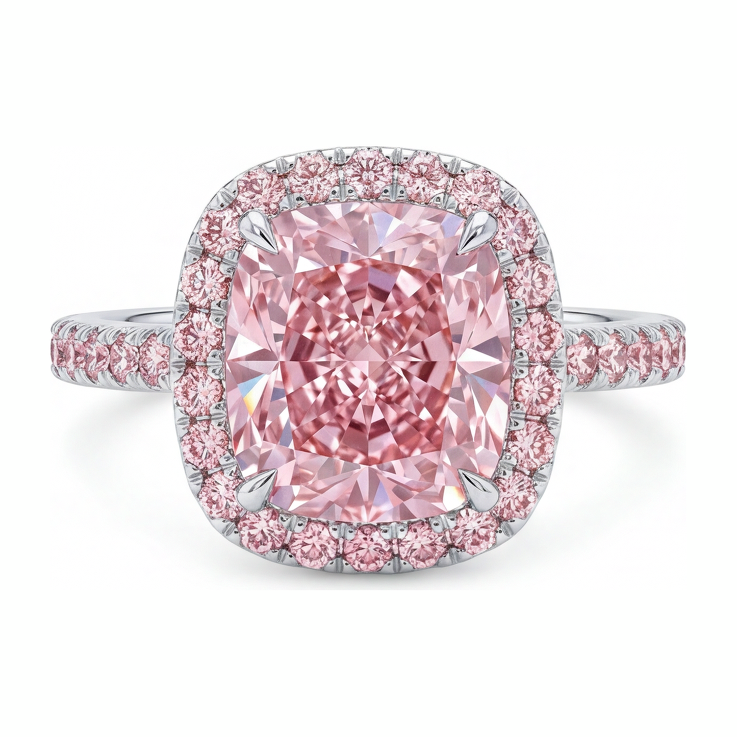 6 Carat Cushion Pink Lab Grown Diamond and White Diamond Halo Ring 14K White Gold