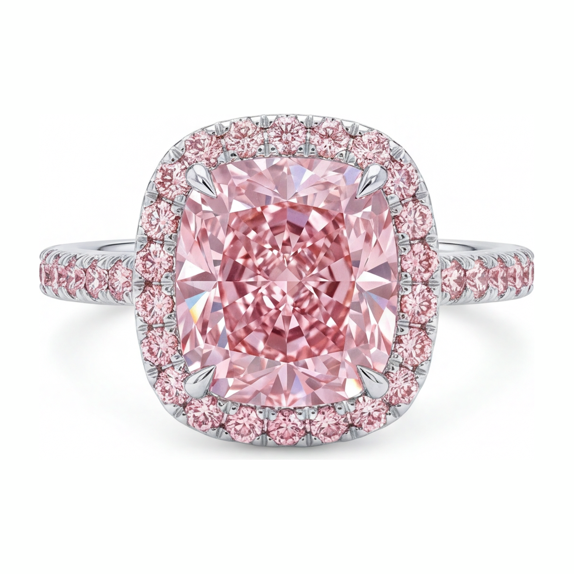 6 Carat Cushion Pink Lab Grown Diamond and White Diamond Halo Ring 14K White Gold