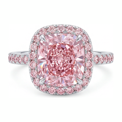 6 Carat Cushion Pink Lab Grown Diamond and White Diamond Halo Ring 14K White Gold