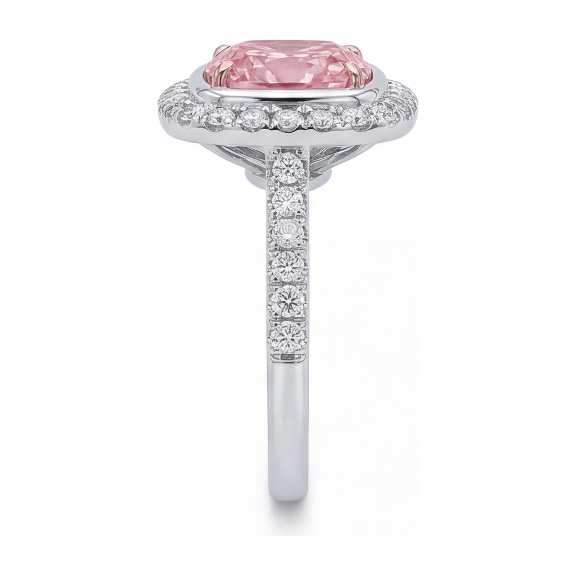 6 Carat Cushion Pink Lab Grown Diamond and White Diamond Halo Ring 14K White Gold