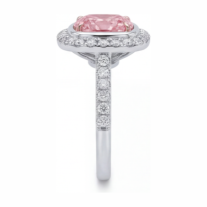 6 Carat Cushion Pink Lab Grown Diamond and White Diamond Halo Ring 14K White Gold