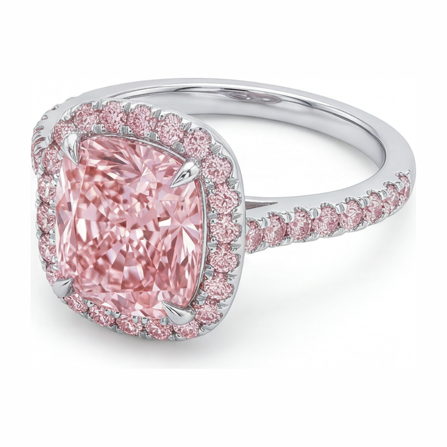 6 Carat Cushion Pink Lab Grown Diamond and White Diamond Halo Ring 14K White Gold