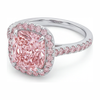 6 Carat Cushion Pink Lab Grown Diamond and White Diamond Halo Ring 14K White Gold