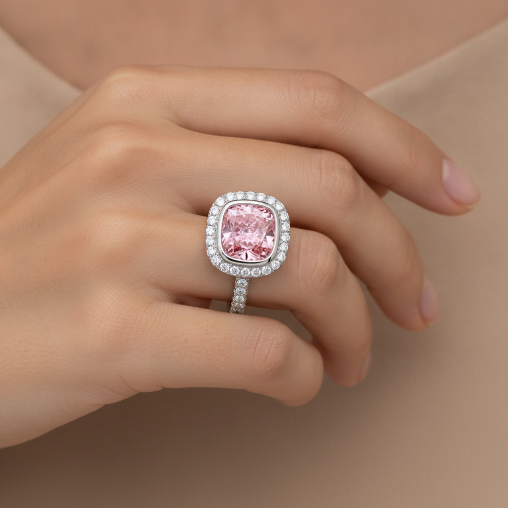 6 Carat Cushion Pink Lab Grown Diamond and White Diamond Halo Ring 14K White Gold worn