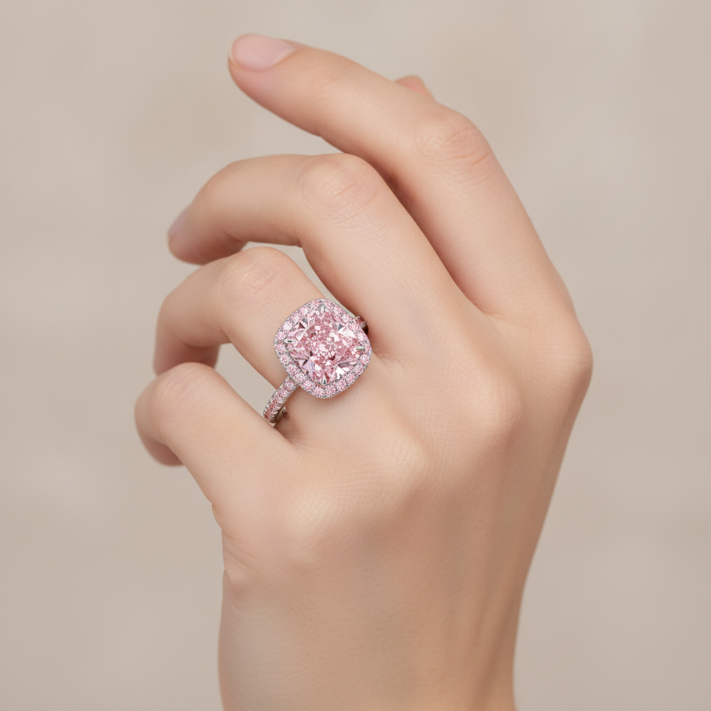 6 Carat Cushion Pink Lab Grown Diamond and White Diamond Halo Ring 14K White Gold worn