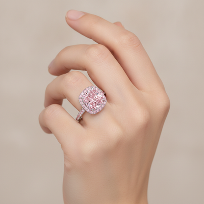 6 Carat Cushion Pink Lab Grown Diamond and White Diamond Halo Ring 14K White Gold worn