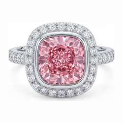 6 Carat Cushion Pink Lab Grown Diamond and White Diamond Halo Ring 14K White Gold