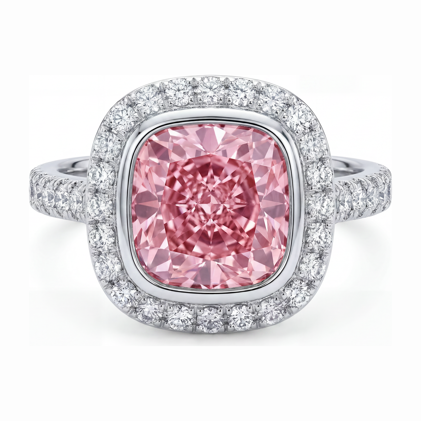 6 Carat Cushion Pink Lab Grown Diamond and White Diamond Halo Ring 14K White Gold