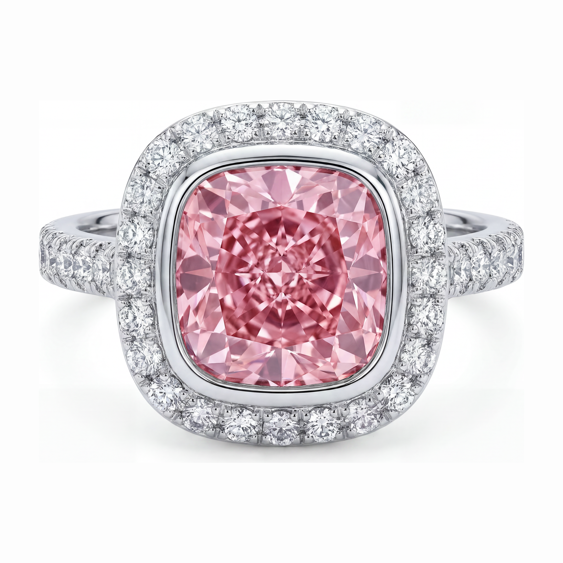 6 Carat Cushion Pink Lab Grown Diamond and White Diamond Halo Ring 14K White Gold