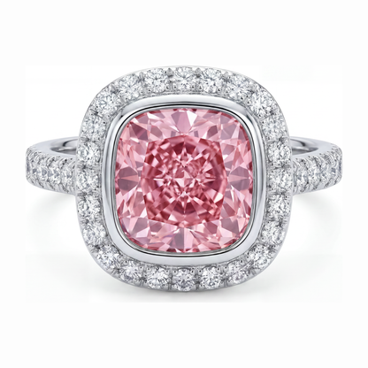 6 Carat Cushion Pink Lab Grown Diamond and White Diamond Halo Ring 14K White Gold