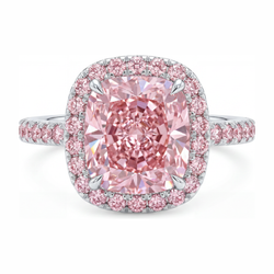 6 Carat Cushion Pink Lab Grown Diamond and White Diamond Halo Ring 14K White Gold